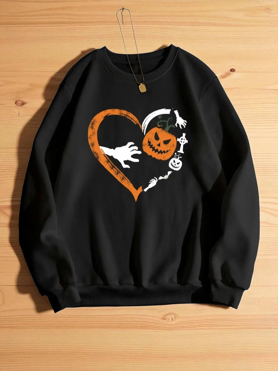 Halloween Heart Pumpkin Round Neck Sweatshirt