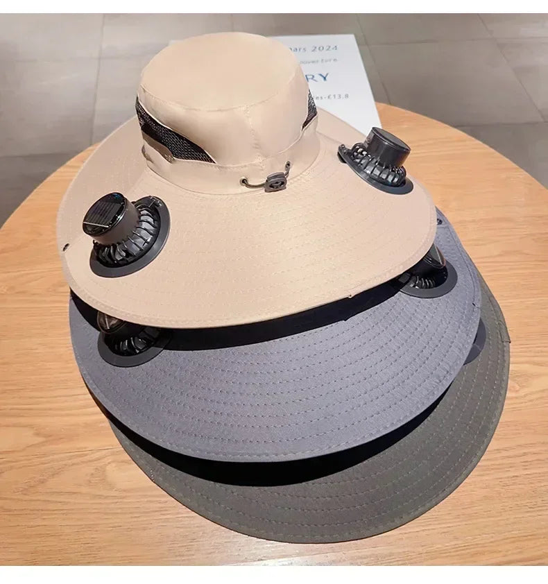 2025 Wide Brim Solar Fan Hat Sun Protection with Dual Power (Solar USB) Adjustable Outdoor Beach ‌Hike Fishing Hat for Men Women