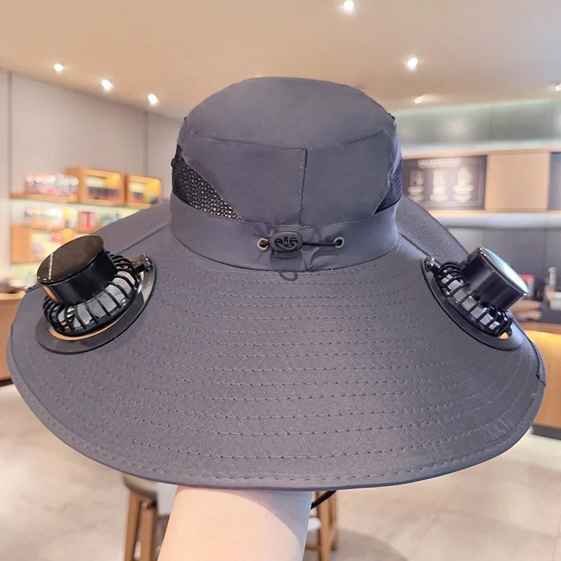 2025 Wide Brim Solar Fan Hat Sun Protection with Dual Power (Solar USB) Adjustable Outdoor Beach ‌Hike Fishing Hat for Men Women