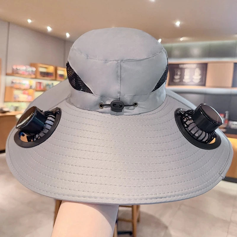 2025 Wide Brim Solar Fan Hat Sun Protection with Dual Power (Solar USB) Adjustable Outdoor Beach ‌Hike Fishing Hat for Men Women