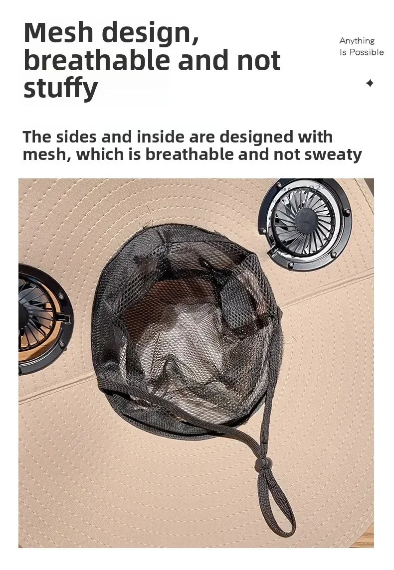 2025 Wide Brim Solar Fan Hat Sun Protection with Dual Power (Solar USB) Adjustable Outdoor Beach ‌Hike Fishing Hat for Men Women