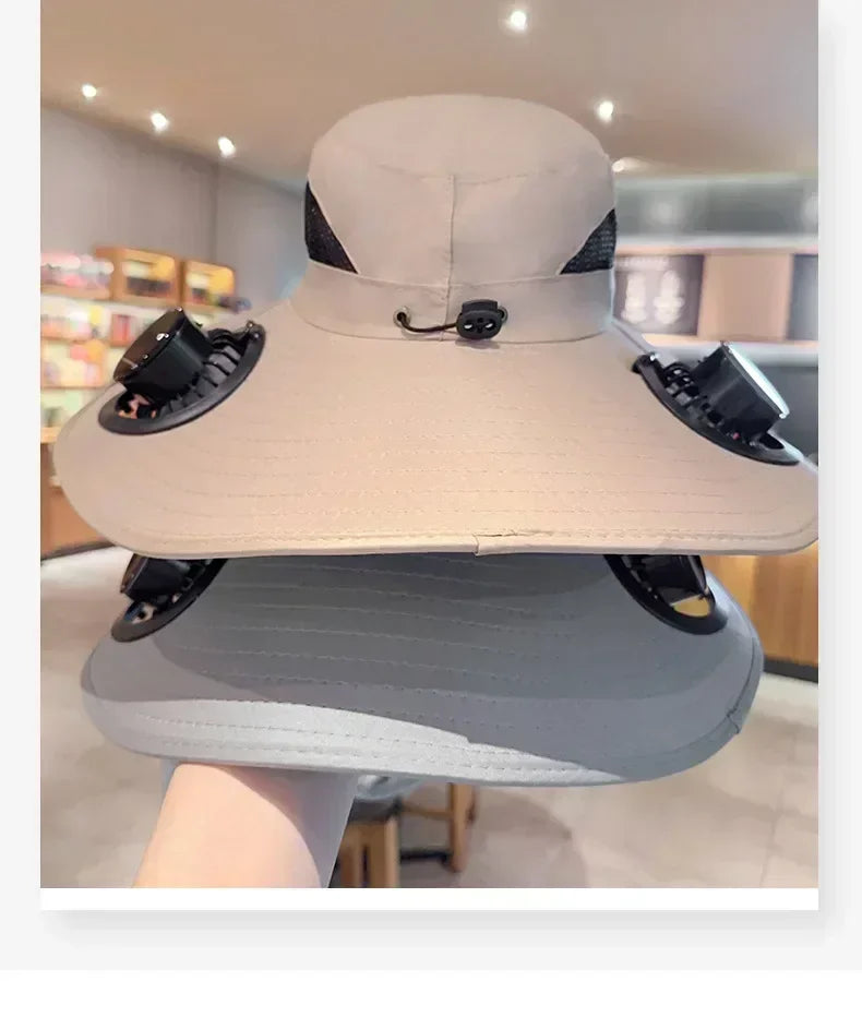 2025 Wide Brim Solar Fan Hat Sun Protection with Dual Power (Solar USB) Adjustable Outdoor Beach ‌Hike Fishing Hat for Men Women