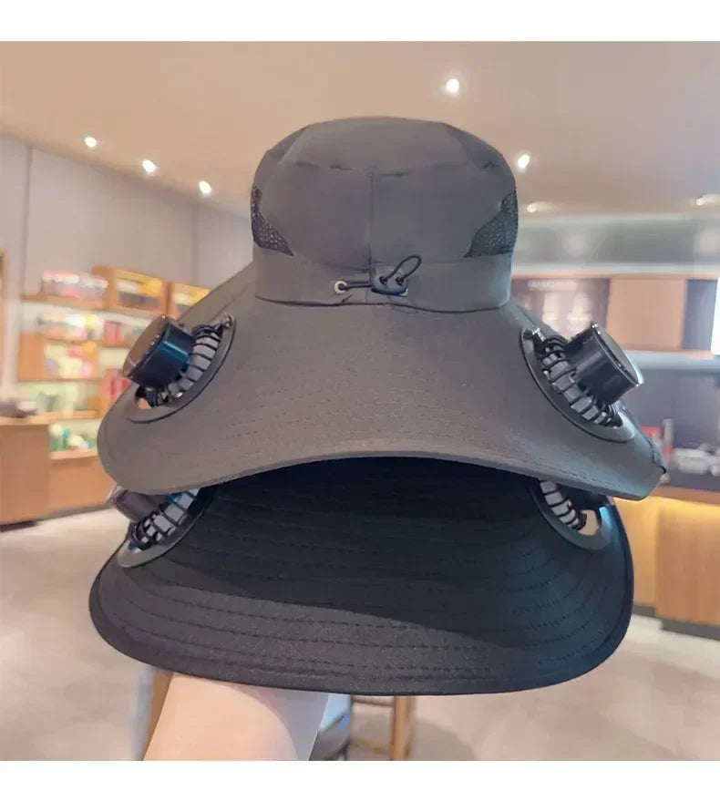 2025 Wide Brim Solar Fan Hat Sun Protection with Dual Power (Solar USB) Adjustable Outdoor Beach ‌Hike Fishing Hat for Men Women