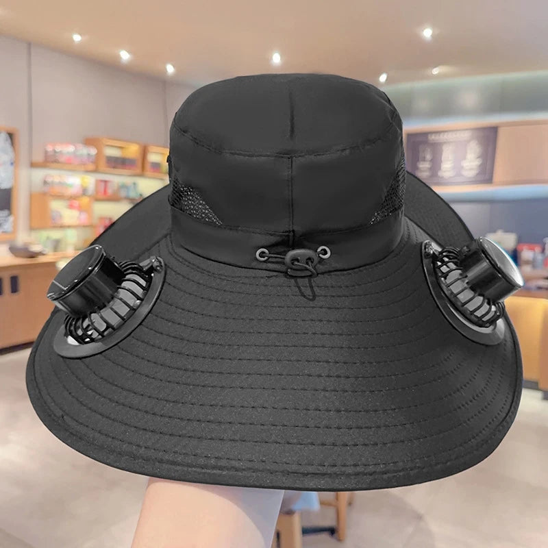 2025 Wide Brim Solar Fan Hat Sun Protection with Dual Power (Solar USB) Adjustable Outdoor Beach ‌Hike Fishing Hat for Men Women