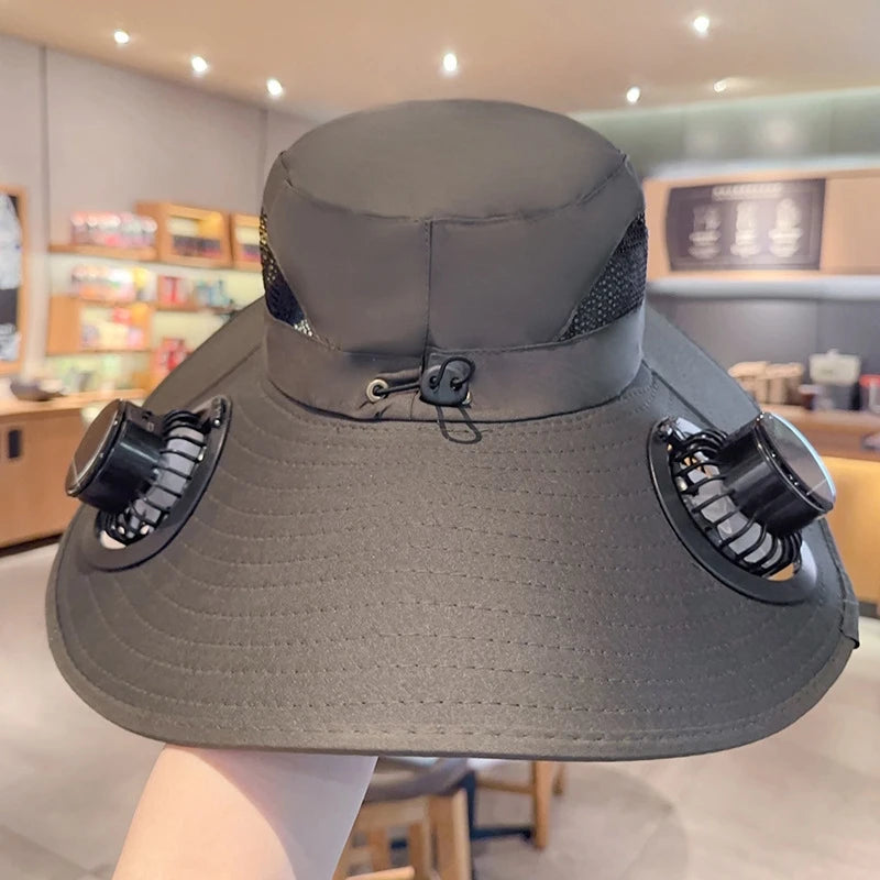 2025 Wide Brim Solar Fan Hat Sun Protection with Dual Power (Solar USB) Adjustable Outdoor Beach ‌Hike Fishing Hat for Men Women