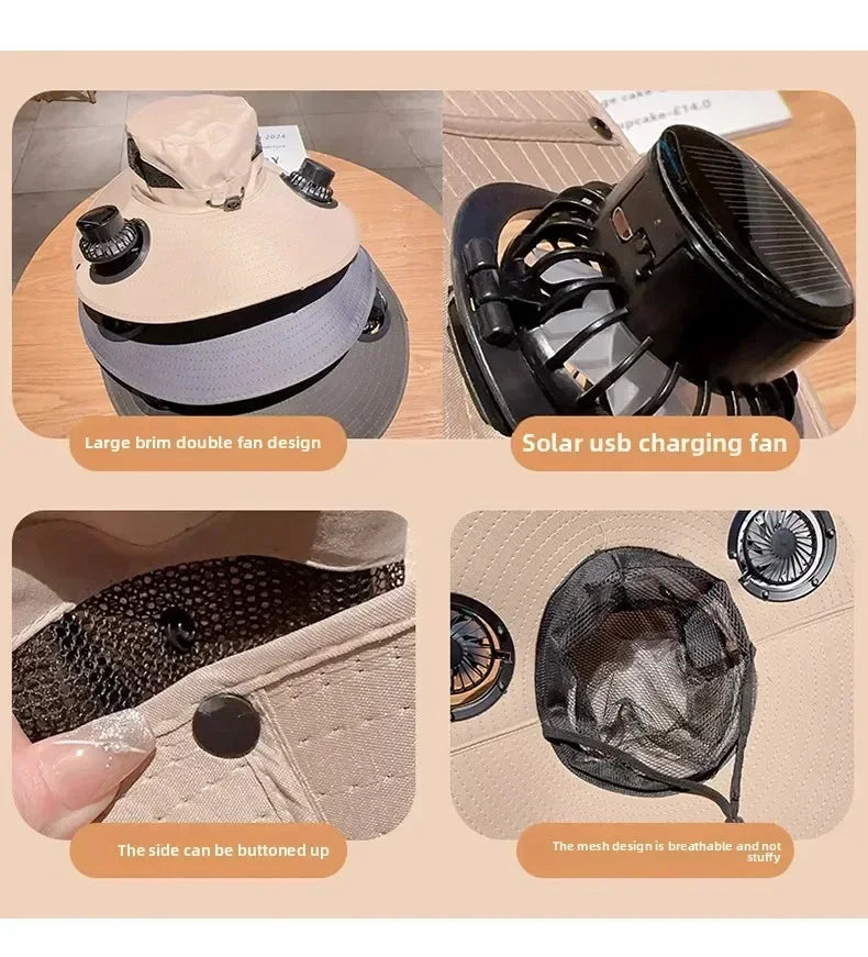 2025 Wide Brim Solar Fan Hat Sun Protection with Dual Power (Solar USB) Adjustable Outdoor Beach ‌Hike Fishing Hat for Men Women
