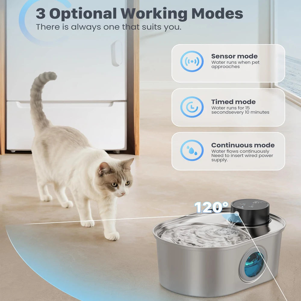 108oz/3.2L Stainless Steel Wireless Cat and Dog Drinker Rechargeable Automatic Pet Drinker Water Fountain Motion Sensor Bowl