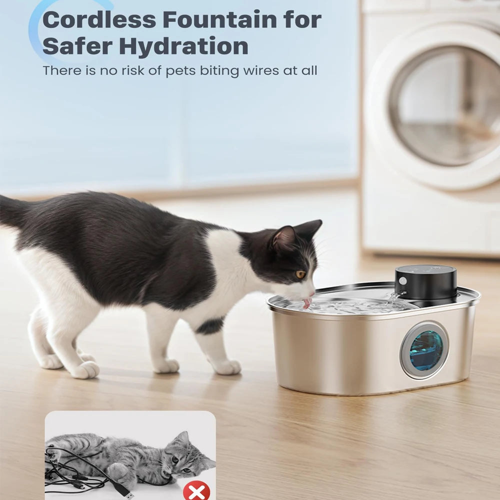 108oz/3.2L Stainless Steel Wireless Cat and Dog Drinker Rechargeable Automatic Pet Drinker Water Fountain Motion Sensor Bowl