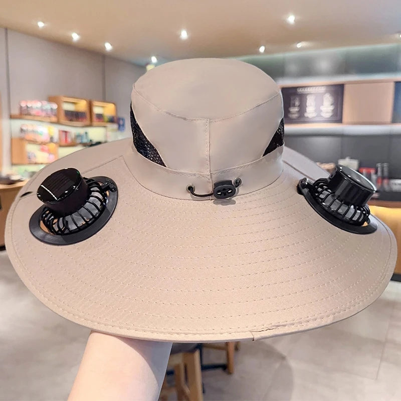 2025 Wide Brim Solar Fan Hat Sun Protection with Dual Power (Solar USB) Adjustable Outdoor Beach ‌Hike Fishing Hat for Men Women