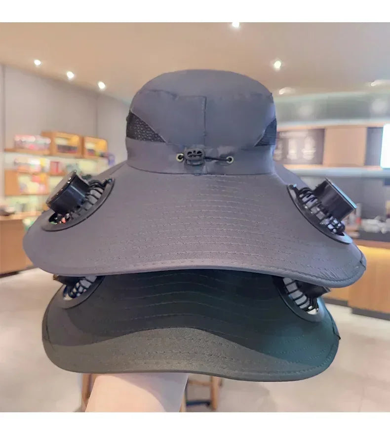 2025 Wide Brim Solar Fan Hat Sun Protection with Dual Power (Solar USB) Adjustable Outdoor Beach ‌Hike Fishing Hat for Men Women