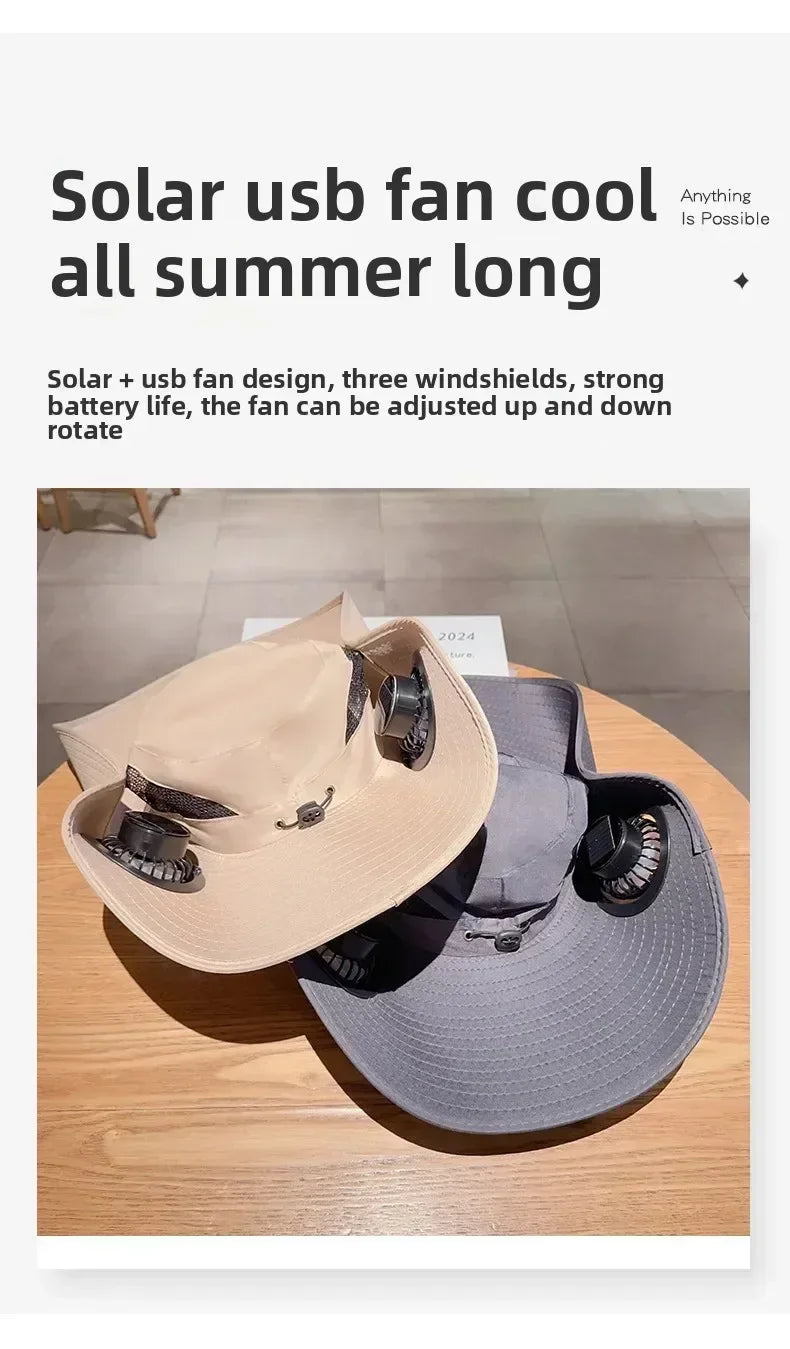 2025 Wide Brim Solar Fan Hat Sun Protection with Dual Power (Solar USB) Adjustable Outdoor Beach ‌Hike Fishing Hat for Men Women