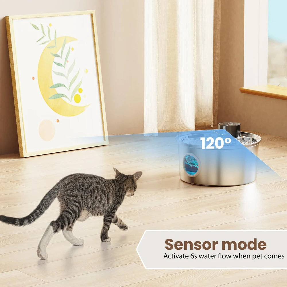 108oz/3.2L Stainless Steel Wireless Cat and Dog Drinker Rechargeable Automatic Pet Drinker Water Fountain Motion Sensor Bowl
