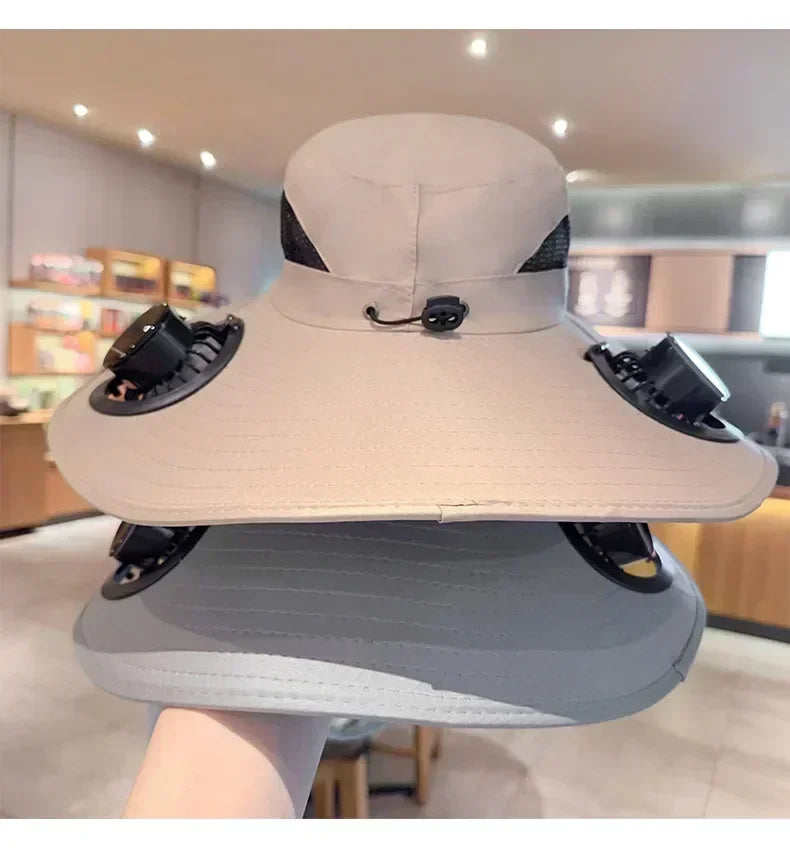 2025 Wide Brim Solar Fan Hat Sun Protection with Dual Power (Solar USB) Adjustable Outdoor Beach ‌Hike Fishing Hat for Men Women