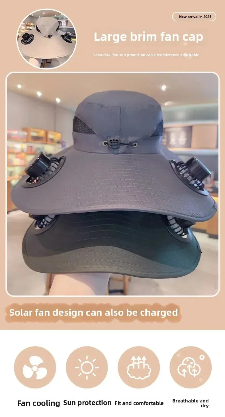 2025 Wide Brim Solar Fan Hat Sun Protection with Dual Power (Solar USB) Adjustable Outdoor Beach ‌Hike Fishing Hat for Men Women