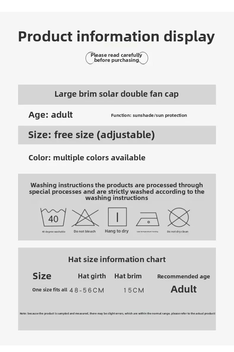 2025 Wide Brim Solar Fan Hat Sun Protection with Dual Power (Solar USB) Adjustable Outdoor Beach ‌Hike Fishing Hat for Men Women